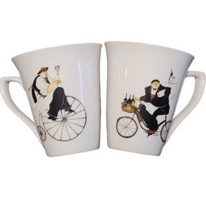 Oneida Kitchen White Mugs with Baker & Wine Maker on Tricycles Set of 2